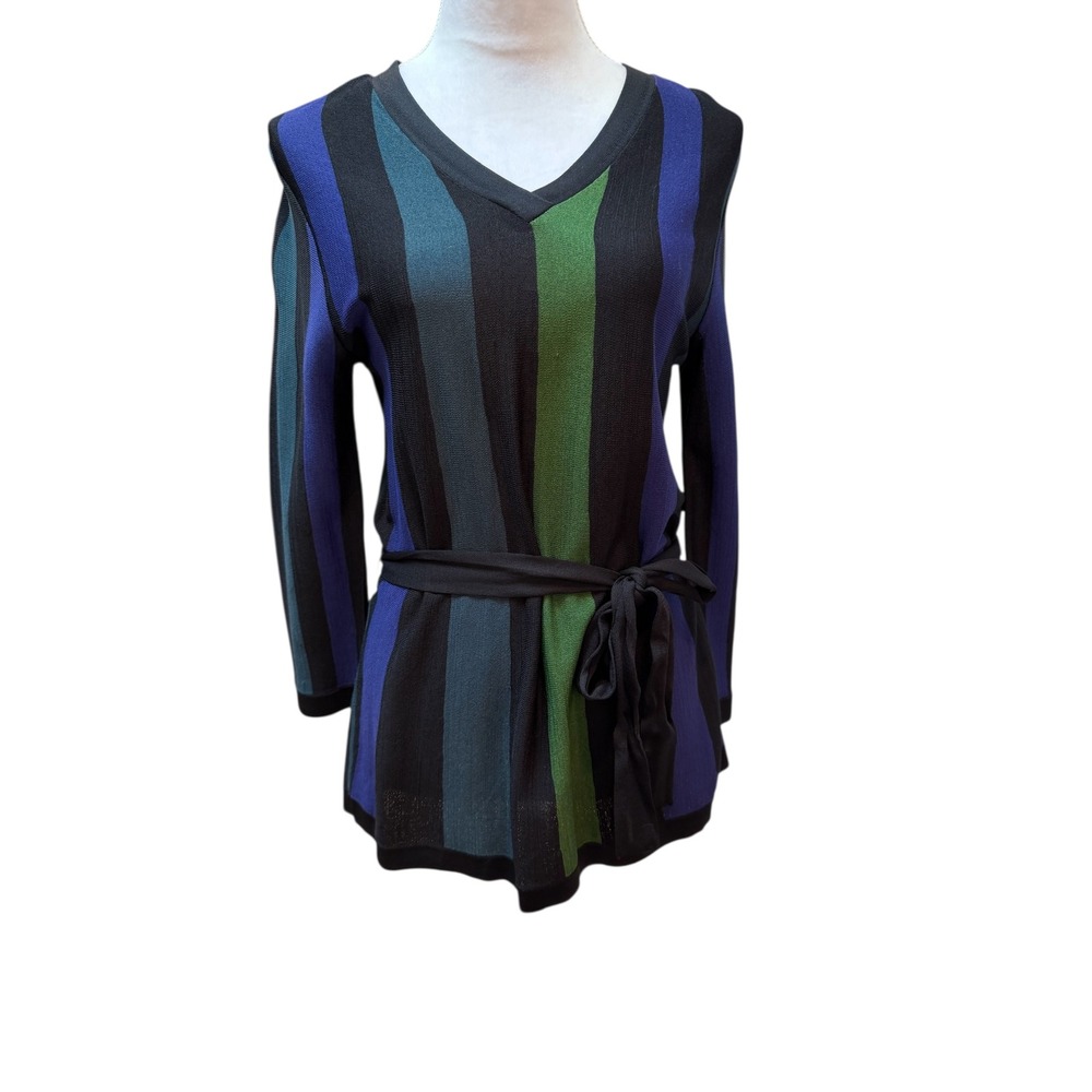 Philosophy by Republic Sweater Tunic  M Multicolor Stripe Belted V-Neck Knit Top